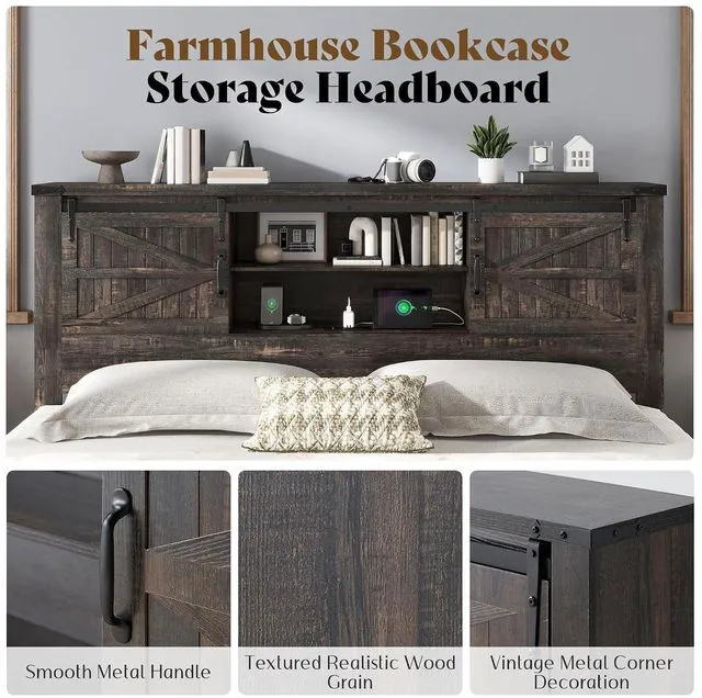 Alt view image 4 of 7 - Farmhouse King Bed Frame with Storage Headboard & Charging Station, Rustic Wood Platform Bed with Barn Door Bookcase, No Box Spring Needed, Dark Oak Bedroom Furniture