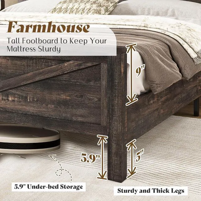 Alt view image 7 of 7 - Farmhouse King Bed Frame with Storage Headboard & Charging Station, Rustic Wood Platform Bed with Barn Door Bookcase, No Box Spring Needed, Dark Oak Bedroom Furniture