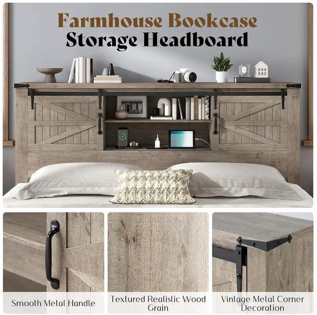 Alt view image 3 of 7 - Farmhouse King Bed Frame, Rustic Wood Platform Bed w/Barn Door Storage Bookcase Headboard & Charging Station, Bedroom Furniture, No Box Spring Needed, Light Grey