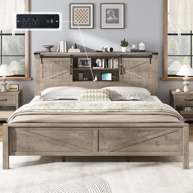 Alt view image 7 of 7 - Farmhouse King Bed Frame, Rustic Wood Platform Bed w/Barn Door Storage Bookcase Headboard & Charging Station, Bedroom Furniture, No Box Spring Needed, Light Grey