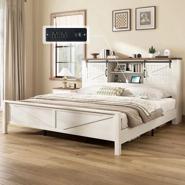 Main image of Farmhouse King Bed Frame, Rustic Wood Platform Bed w/Barn Door Storage Bookcase Headboard & Charging Station, Bedroom Furniture, No Box Spring Needed, Antique White