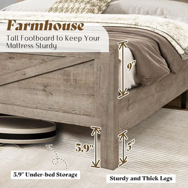 Alt view image 5 of 7 - Farmhouse King Bed Frame, Rustic Wood Platform Bed w/Barn Door Storage Bookcase Headboard & Charging Station, Bedroom Furniture, No Box Spring Needed, Light Grey