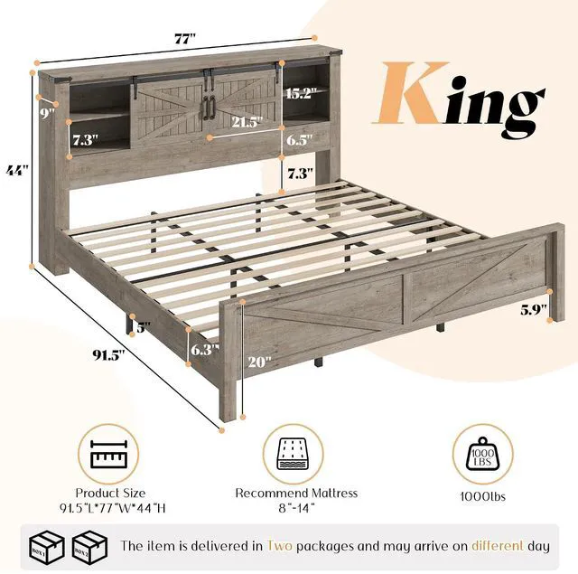 Alt view image 2 of 7 - Farmhouse King Bed Frame, Rustic Wood Platform Bed w/Barn Door Storage Bookcase Headboard & Charging Station, Bedroom Furniture, No Box Spring Needed, Light Grey