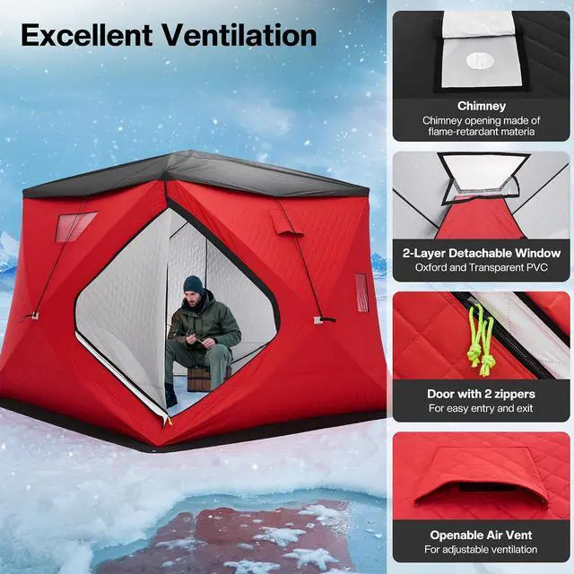 Alt view image 4 of 7 - Insulated Pop-Up Ice Fishing Tent, 70/122/177 Sq.Ft Fishable Area, 410 Person Ice Shanty with 3-Layer Oxford Fabric, Waterproof Cover, Chimney Vent, Anchors & Ropes, Portable Carry Bag