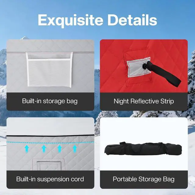 Alt view image 6 of 7 - Insulated Pop-Up Ice Fishing Tent, 70/122/177 Sq.Ft Fishable Area, 410 Person Ice Shanty with 3-Layer Oxford Fabric, Waterproof Cover, Chimney Vent, Anchors & Ropes, Portable Carry Bag