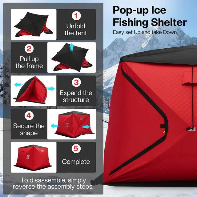 Alt view image 7 of 7 - Insulated Pop-Up Ice Fishing Tent, 70/122/177 Sq.Ft Fishable Area, 410 Person Ice Shanty with 3-Layer Oxford Fabric, Waterproof Cover, Chimney Vent, Anchors & Ropes, Portable Carry Bag
