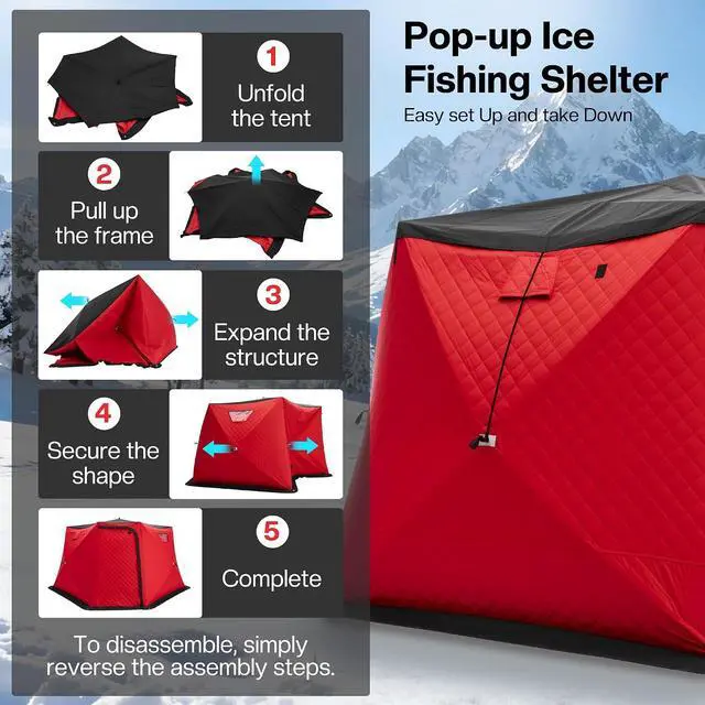 Alt view image 7 of 7 - Insulated Pop-Up Ice Fishing Tent, 70/122/177 Sq.Ft Fishable Area, 410 Person Ice Shanty with 3-Layer Oxford Fabric, Waterproof Cover, Chimney Vent, Anchors & Ropes, Portable Carry Bag