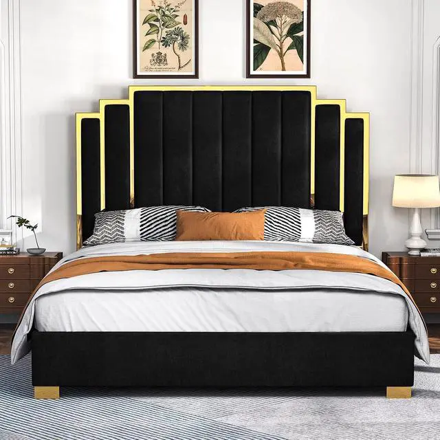 Alt view image 3 of 6 - California King Size Platform Bed Frame, 65" Velvet Upholstered Bed with Gold Trim Headboard/Wooden Slats/No Box Spring Needed/Black