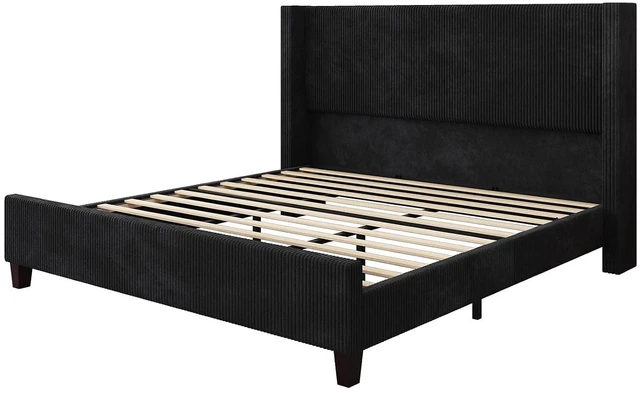 Alt view image 7 of 7 - California King Size Platform Bed Frame, 50.8" Corduroy Upholstered Bed with Vertical Channel Tufted Headboard/Wooden Slats/Wingback/No Box Spring Required/Black