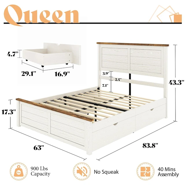 Alt view image 2 of 7 - Queen Size Farmhouse Bed Frame with Headboard, Platform Bed with 4 Storage Drawers, Wood Bed Frame for Bedroom, Wood Slats Support, Beige