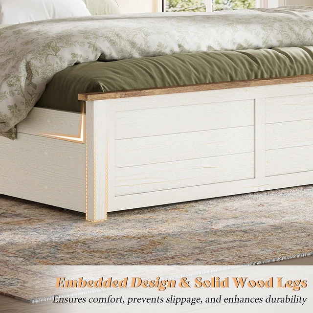 Alt view image 4 of 7 - Queen Size Farmhouse Bed Frame with Headboard, Platform Bed with 4 Storage Drawers, Wood Bed Frame for Bedroom, Wood Slats Support, Beige