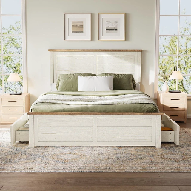 Main image of Queen Size Farmhouse Bed Frame with Headboard, Platform Bed with 4 Storage Drawers, Wood Bed Frame for Bedroom, Wood Slats Support, Beige