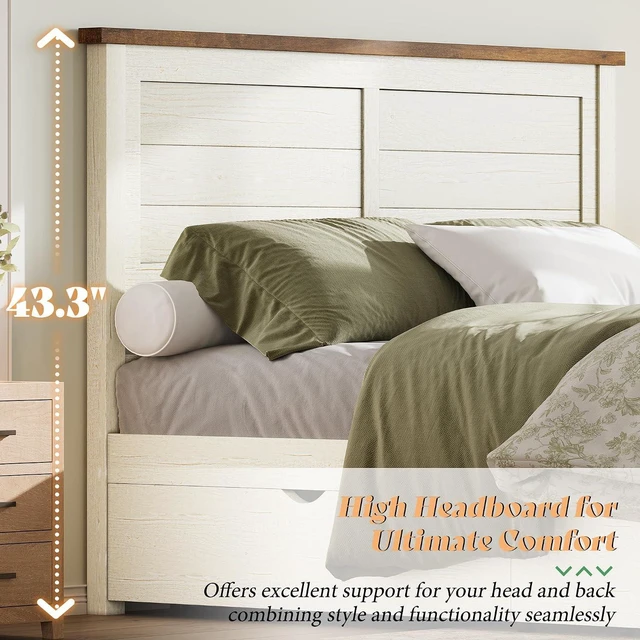 Alt view image 3 of 7 - Queen Size Farmhouse Bed Frame with Headboard, Platform Bed with 4 Storage Drawers, Wood Bed Frame for Bedroom, Wood Slats Support, Beige