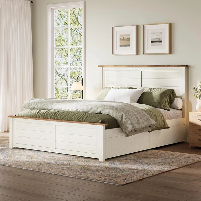 Alt view image 7 of 7 - Queen Size Farmhouse Bed Frame with Headboard, Platform Bed with 4 Storage Drawers, Wood Bed Frame for Bedroom, Wood Slats Support, Beige