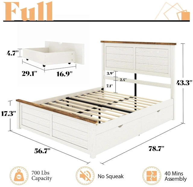 Alt view image 2 of 7 - Full Farmhouse Bed Frame with Headboard, Platform Bed with 4 Storage Drawers, Wood Bed Frame for Bedroom, Wood Slats Support, Beige