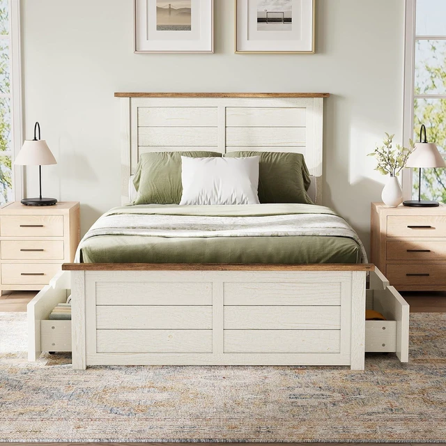 Main image of 43.3" Bed Frame with Headboard, Twin Size Platform Beds with 4 Storage Drawers, Wood Slats Support, Wood Bed Frame for Bedroom, Beige