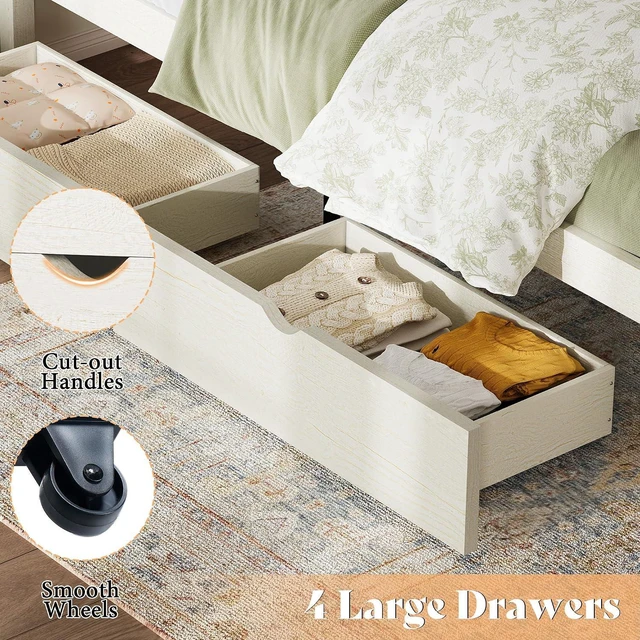 Alt view image 5 of 7 - Queen Size Farmhouse Bed Frame with Headboard, Platform Bed with 4 Storage Drawers, Wood Bed Frame for Bedroom, Wood Slats Support, Beige