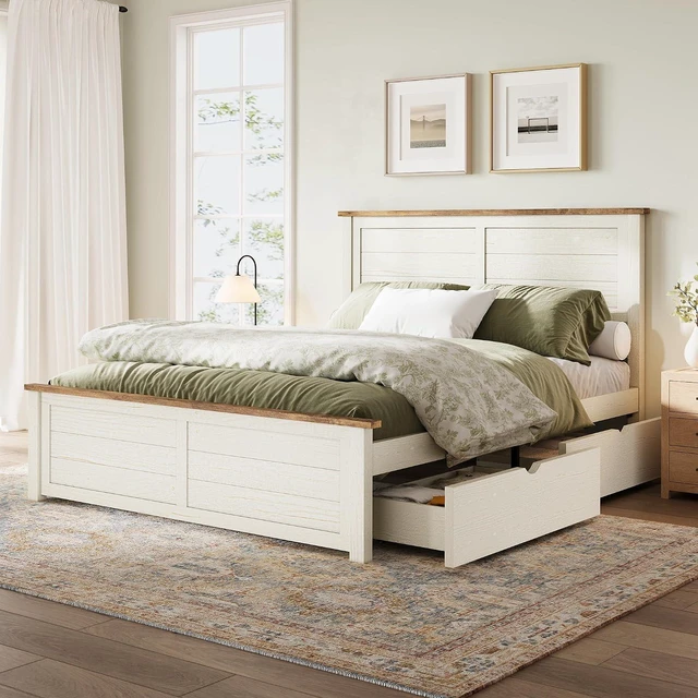 Alt view image 6 of 7 - Queen Size Farmhouse Bed Frame with Headboard, Platform Bed with 4 Storage Drawers, Wood Bed Frame for Bedroom, Wood Slats Support, Beige