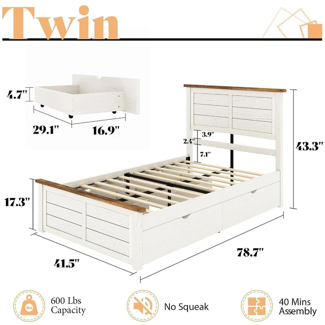 Alt view image 2 of 7 - 43.3" Bed Frame with Headboard, Twin Size Platform Beds with 4 Storage Drawers, Wood Slats Support, Wood Bed Frame for Bedroom, Beige