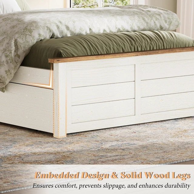 Alt view image 4 of 7 - Full Farmhouse Bed Frame with Headboard, Platform Bed with 4 Storage Drawers, Wood Bed Frame for Bedroom, Wood Slats Support, Beige