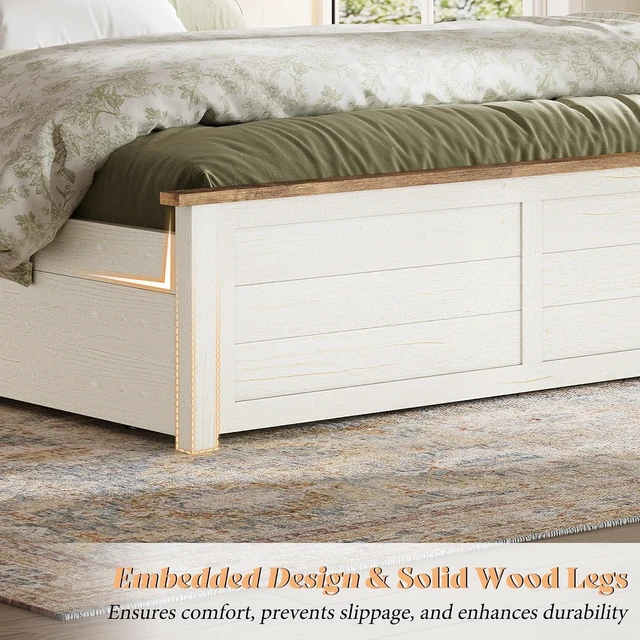 Alt view image 4 of 7 - 43.3" Bed Frame with Headboard, Twin Size Platform Beds with 4 Storage Drawers, Wood Slats Support, Wood Bed Frame for Bedroom, Beige