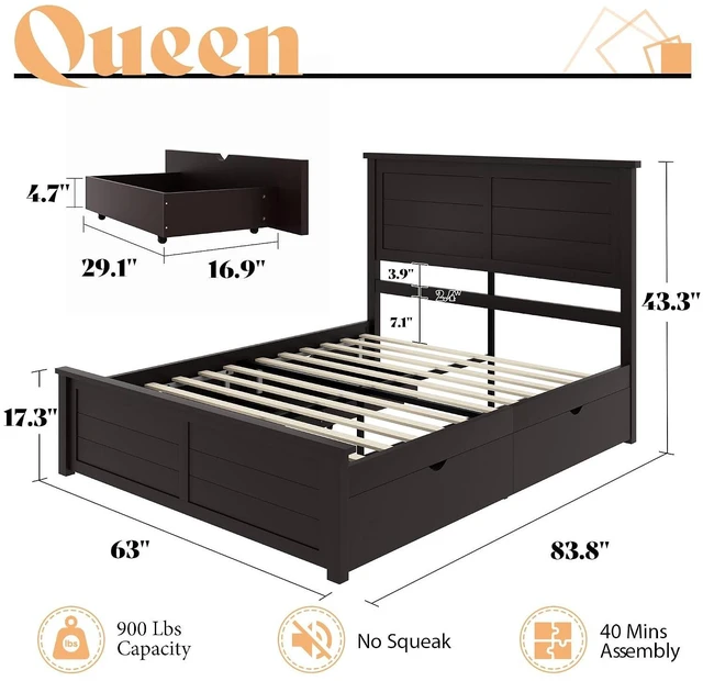 Alt view image 2 of 7 - Queen Bed Frame with Headboard, Platform Beds with 4 Storage Drawers, Wood Bed Frame for Bedroom, Wooden Slats Support, Espresso