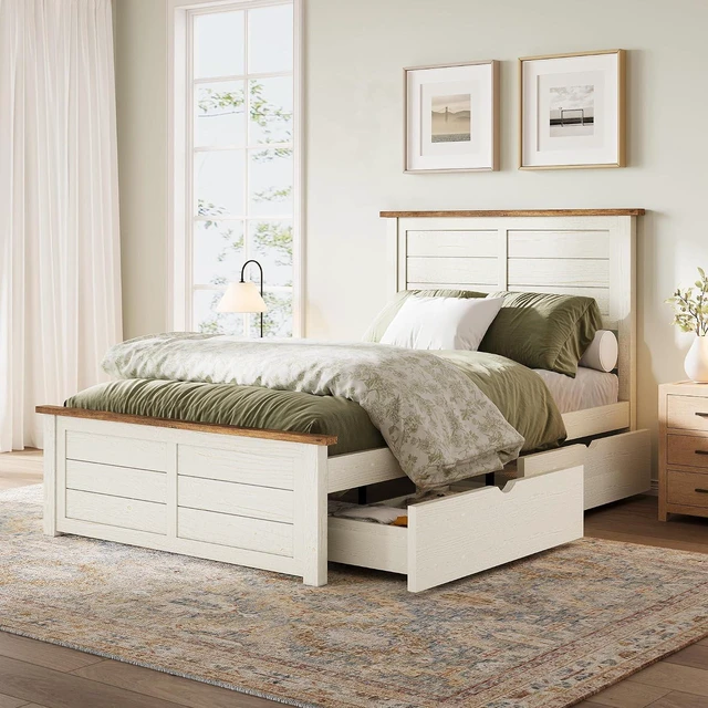Alt view image 6 of 7 - 43.3" Bed Frame with Headboard, Twin Size Platform Beds with 4 Storage Drawers, Wood Slats Support, Wood Bed Frame for Bedroom, Beige