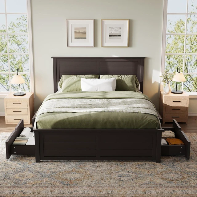 Main image of Queen Bed Frame with Headboard, Platform Beds with 4 Storage Drawers, Wood Bed Frame for Bedroom, Wooden Slats Support, Espresso