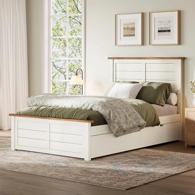 Alt view image 7 of 7 - 43.3" Bed Frame with Headboard, Twin Size Platform Beds with 4 Storage Drawers, Wood Slats Support, Wood Bed Frame for Bedroom, Beige