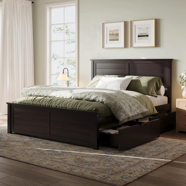 Alt view image 6 of 7 - Queen Bed Frame with Headboard, Platform Beds with 4 Storage Drawers, Wood Bed Frame for Bedroom, Wooden Slats Support, Espresso