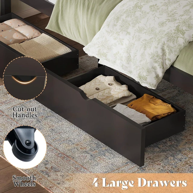 Alt view image 5 of 7 - Queen Bed Frame with Headboard, Platform Beds with 4 Storage Drawers, Wood Bed Frame for Bedroom, Wooden Slats Support, Espresso