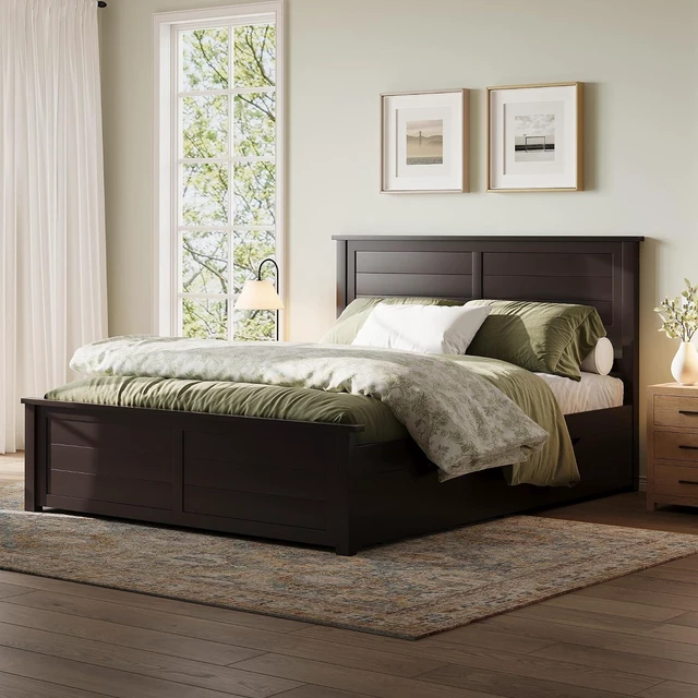 Alt view image 7 of 7 - Queen Bed Frame with Headboard, Platform Beds with 4 Storage Drawers, Wood Bed Frame for Bedroom, Wooden Slats Support, Espresso
