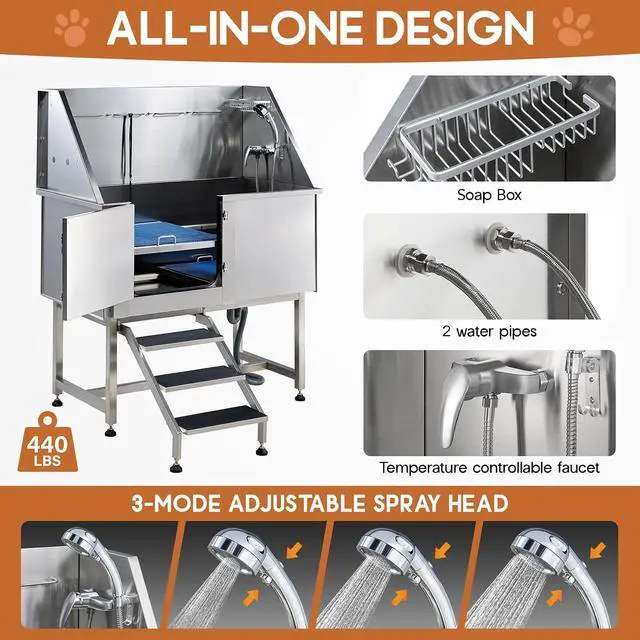 Alt view image 4 of 7 - 50-Inch Stainless Steel Dog Washing Station with Anti-Slip Steps, Sprayer, Faucet, and Soap Box Professional Pet Bathtub for Medium/Small Pets, Ideal for Home, Garage, and Grooming(Left)