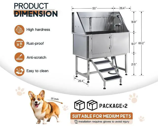 Alt view image 7 of 7 - 50-Inch Stainless Steel Dog Washing Station with Anti-Slip Steps, Sprayer, Faucet, and Soap Box Professional Pet Bathtub for Medium/Small Pets, Ideal for Home, Garage, and Grooming(Left)