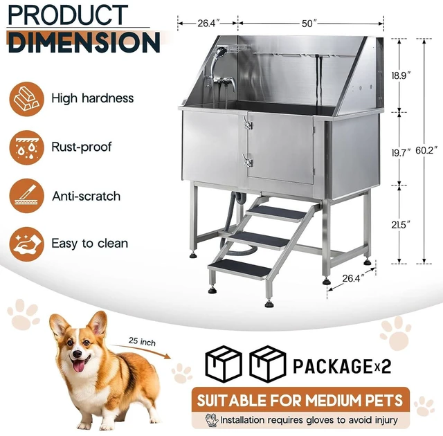 Alt view image 5 of 7 - 50 Inch Stainless Steel Dog Washing Station with Non-Slip Steps, Sprayer, Faucet, Soap Box Professional Pet Bathtub for Small and Medium Pets, Use at Home, Garage, or Grooming (Right Door)