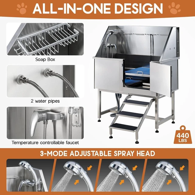 Alt view image 7 of 7 - 50 Inch Stainless Steel Dog Washing Station with Non-Slip Steps, Sprayer, Faucet, Soap Box Professional Pet Bathtub for Small and Medium Pets, Use at Home, Garage, or Grooming (Right Door)
