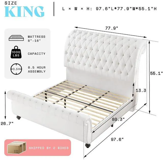 Alt view image 2 of 7 - 55" Tall Sleigh Bed Frame with Scroll Headboard & Footboard, Velvet Upholstered Platform Bed with Deep Button Tufted, Solid Wood Legs, No Box Spring Needed, White, King