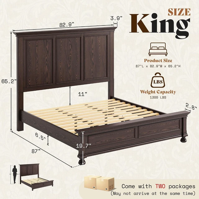 Alt view image 2 of 7 - Solid Wood King Bed Frame with 65.2" High Headboard, Traditional Platform Bed with Heavy Duty Slats, No Box Spring Needed, Easy Assembly, Dark Brown