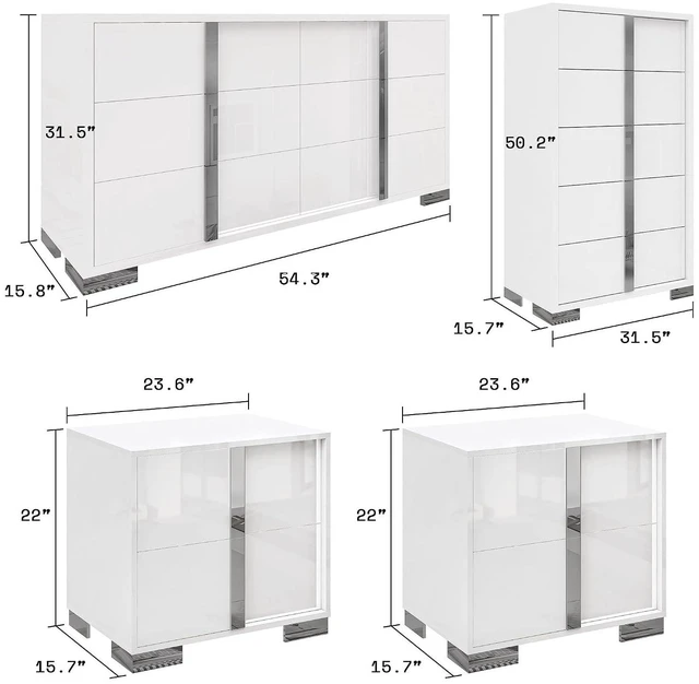 Alt view image 2 of 7 - 4 Piece Bedroom Dresser Set, Modern High Gloss UV Finish, 2 Nightstands, Chest of 5 Drawers & 6 Drawer Dresser, Electroplated Metal Handles, Bedroom Furniture Set, White