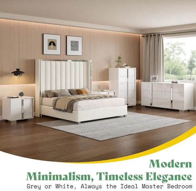 Alt view image 6 of 7 - 4 Piece Bedroom Dresser Set, Modern High Gloss UV Finish, 2 Nightstands, Chest of 5 Drawers & 6 Drawer Dresser, Electroplated Metal Handles, Bedroom Furniture Set, White