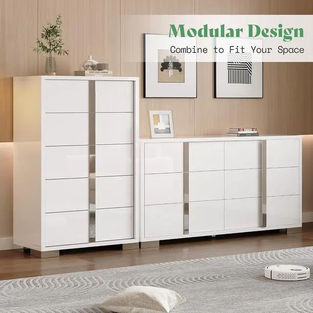 Alt view image 7 of 7 - 4 Piece Bedroom Dresser Set, Modern High Gloss UV Finish, 2 Nightstands, Chest of 5 Drawers & 6 Drawer Dresser, Electroplated Metal Handles, Bedroom Furniture Set, White