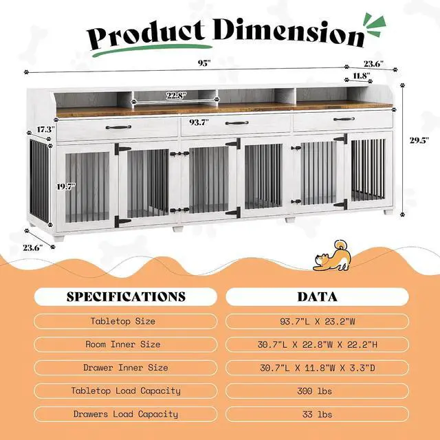Alt view image 2 of 7 - 95" Dog Crate Furniture with Storage, 3-Room Indoor Wooden Dog Kennel for Medium/Small Dogs, TV Stand & Sideboard with Drawers & Removable Divider, White+Barnwood