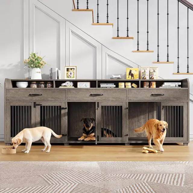 Main image of 95" Dog Crate Furniture with Storage, 3-Room Indoor Wooden Dog Kennel for Medium/Small Dogs, TV Stand & Sideboard with Drawers & Removable Divider, Grey