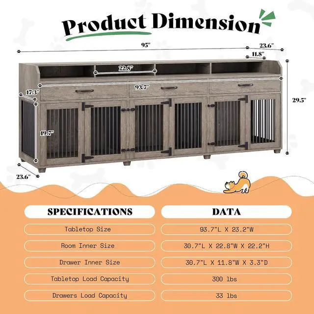 Alt view image 2 of 7 - 95" Dog Crate Furniture with Storage, 3-Room Indoor Wooden Dog Kennel for Medium/Small Dogs, TV Stand & Sideboard with Drawers & Removable Divider, Grey
