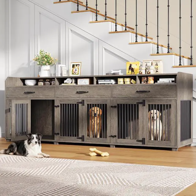 Alt view image 3 of 7 - 95" Dog Crate Furniture with Storage, 3-Room Indoor Wooden Dog Kennel for Medium/Small Dogs, TV Stand & Sideboard with Drawers & Removable Divider, Grey