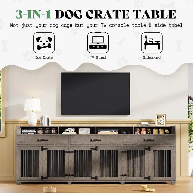 Alt view image 5 of 7 - 95" Dog Crate Furniture with Storage, 3-Room Indoor Wooden Dog Kennel for Medium/Small Dogs, TV Stand & Sideboard with Drawers & Removable Divider, Grey