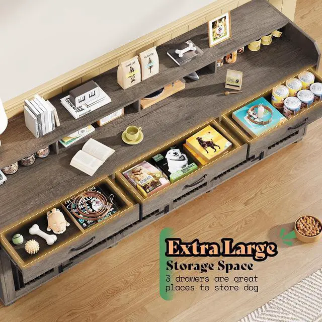 Alt view image 4 of 7 - 95" Dog Crate Furniture with Storage, 3-Room Indoor Wooden Dog Kennel for Medium/Small Dogs, TV Stand & Sideboard with Drawers & Removable Divider, Grey