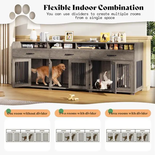 Alt view image 6 of 7 - 95" Dog Crate Furniture with Storage, 3-Room Indoor Wooden Dog Kennel for Medium/Small Dogs, TV Stand & Sideboard with Drawers & Removable Divider, Grey