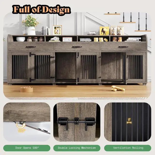 Alt view image 7 of 7 - 95" Dog Crate Furniture with Storage, 3-Room Indoor Wooden Dog Kennel for Medium/Small Dogs, TV Stand & Sideboard with Drawers & Removable Divider, Grey