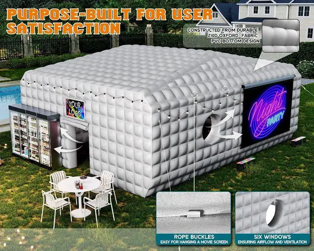 Alt view image 5 of 7 - 33x20x13 FT Large Inflatable Night Club Tent for Adults, Space Capsule Inflatable Nightclub with 6 Windows & Movie Screen Hooks, Event Tent for Backyard Party, Silver
